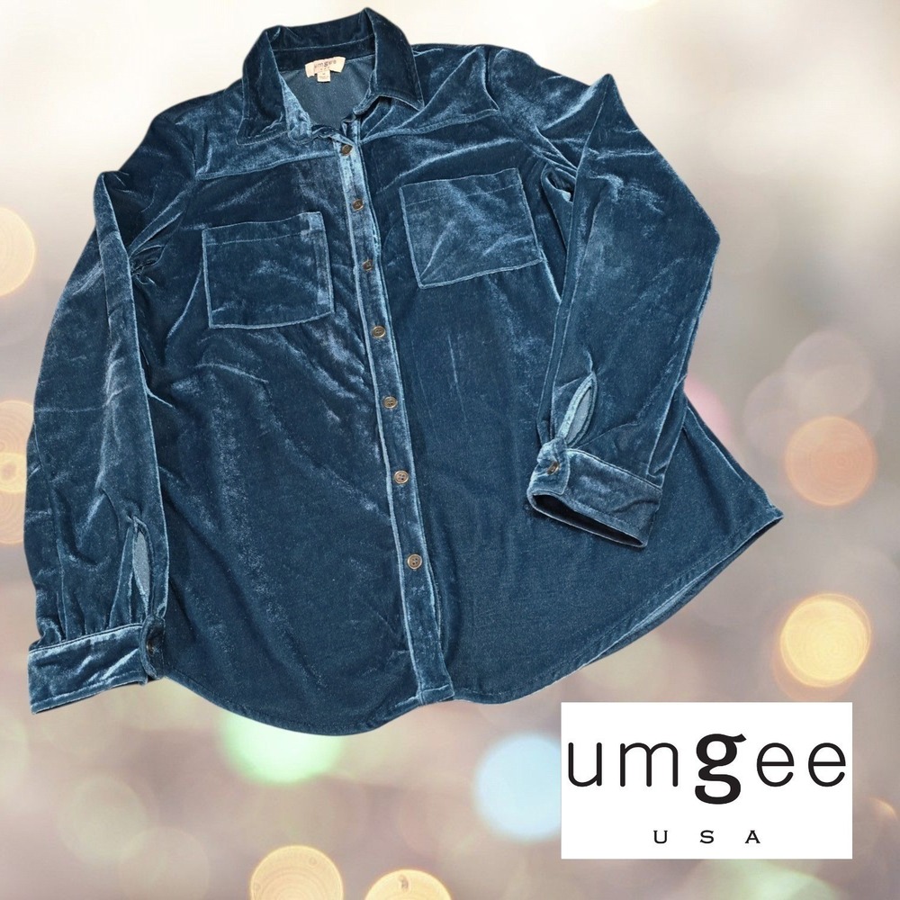 Umgee Velvet Button Down Shirt Womens Peacock Teal Blue Shirt C0719 Medium - Picture 2 of 11